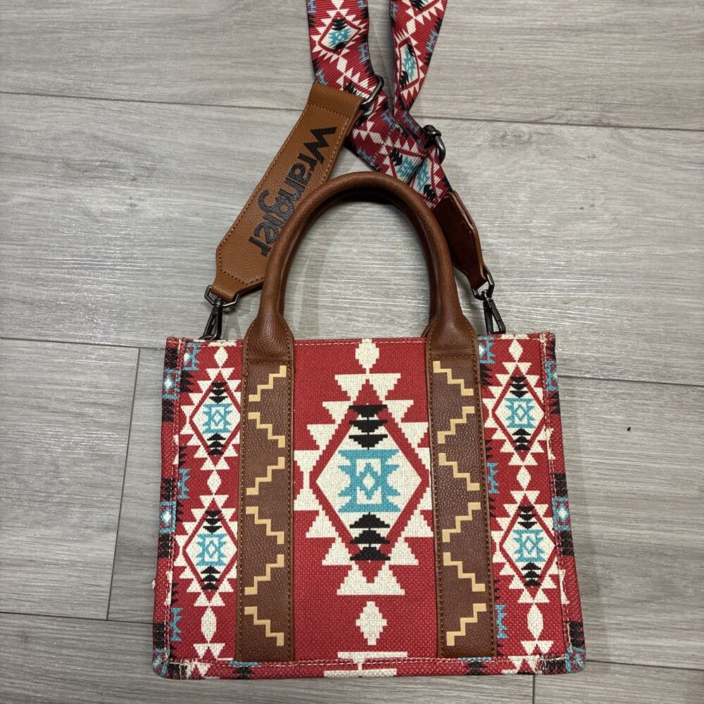 Wrangler Western Aztec Tote Bag Geometric Pattern Braided Detachable Strap Red